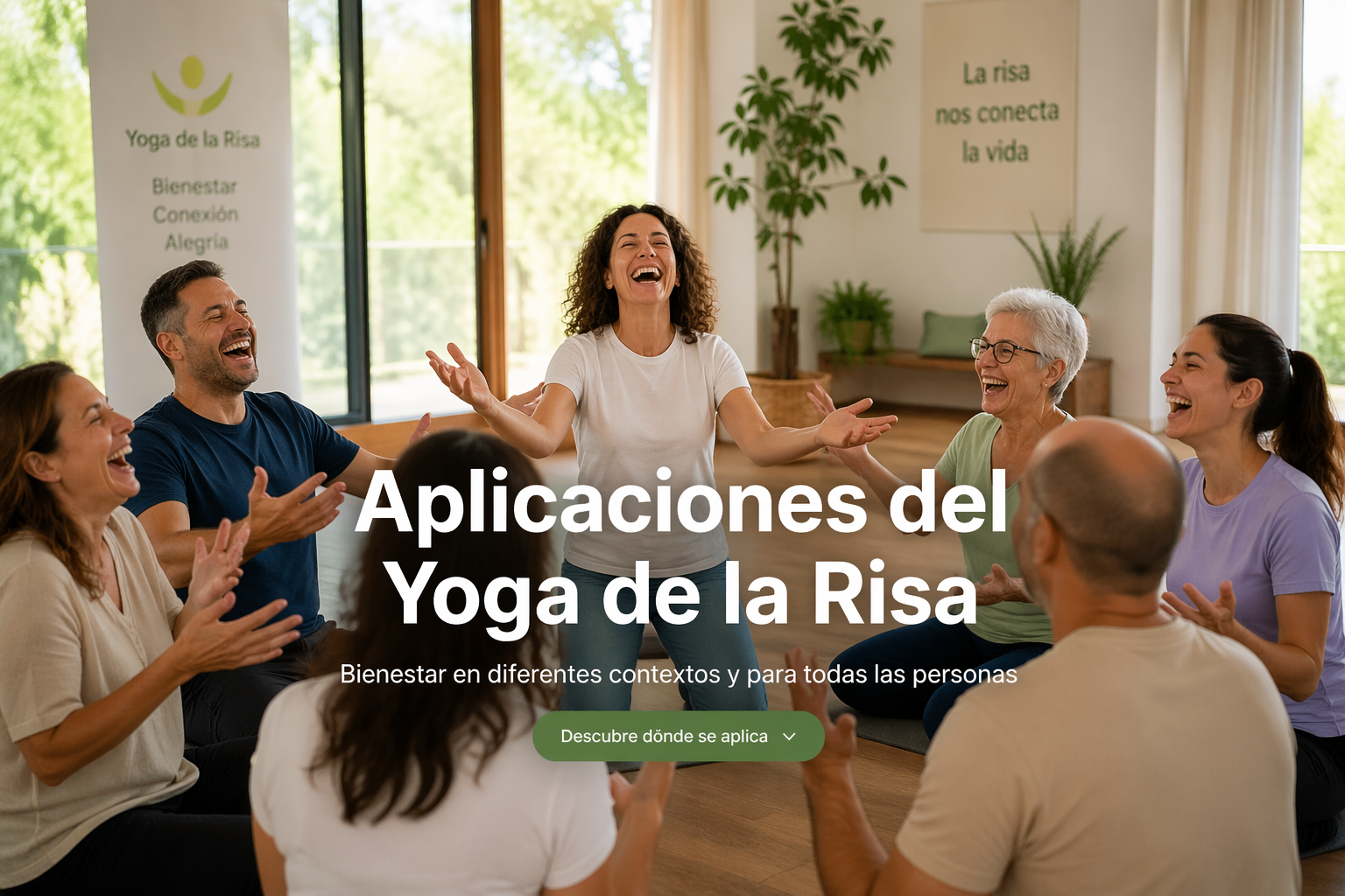 Grupo practicando Yoga de la Risa&reg; en un entorno de bienestar y aplicaci&oacute;n profesional