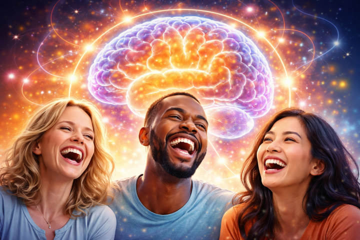 Ilustración conceptual del cerebro humano asociado a la risa y al bienestar emocional.