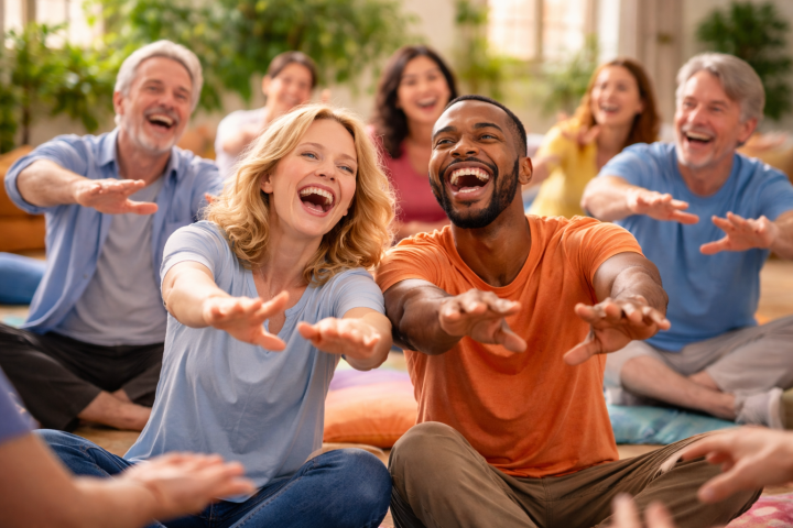 Grupo de personas participando en una sesión de Yoga de la Risa con ejercicios de risa y movimiento en un ambiente alegre y participativo.