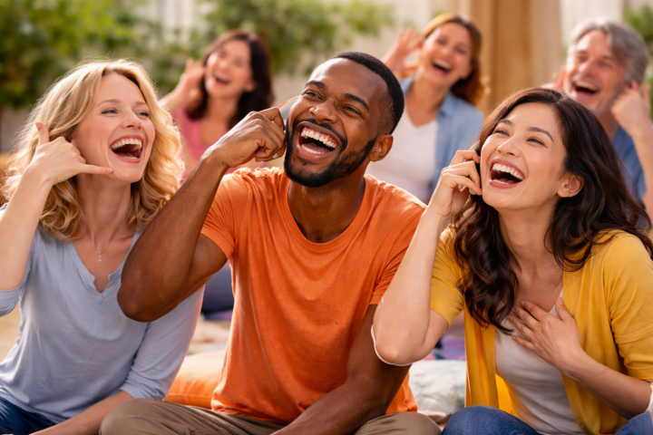 Personas practicando ejercicios de Yoga de la Risa en grupo con actitud alegre y participativa.