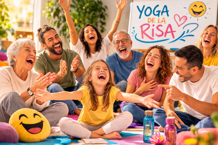 Grupo diverso de personas practicando Yoga de la Risa en una sesión guiada.