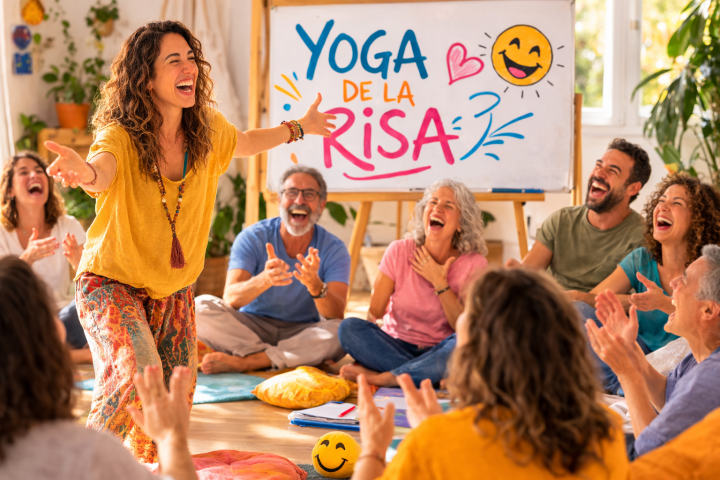 Monitor de Yoga de la Risa guiando una sesión grupal con ejercicios de risa.