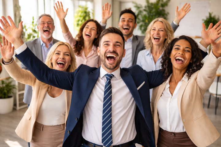 Equipo de profesionales participando en una sesión de Yoga de la Risa en un entorno corporativo.