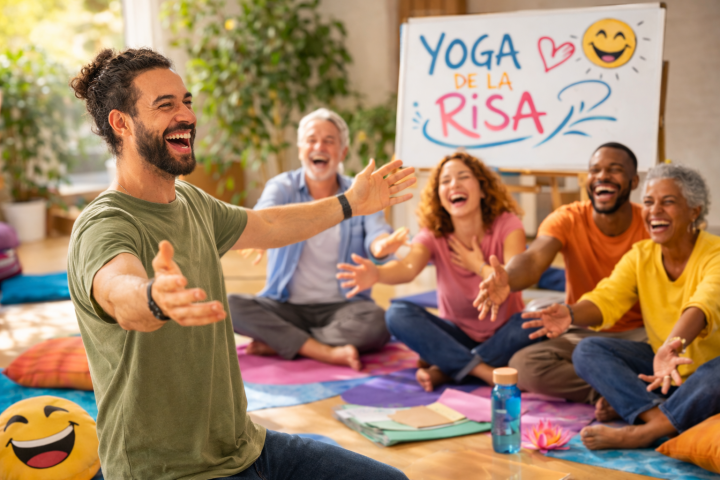 Personas participando en una sesión guiada de Yoga de la Risa con un facilitador.