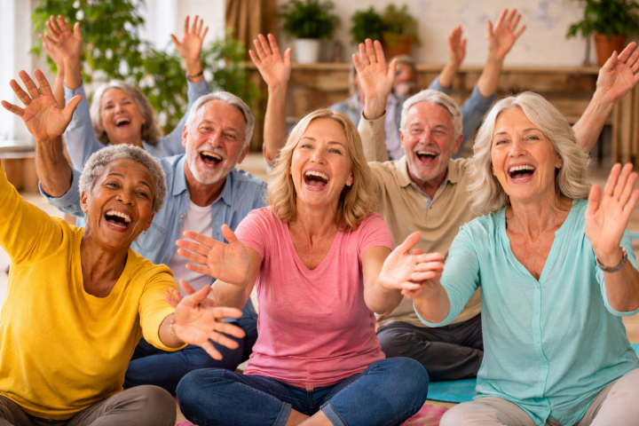 Grupo de personas mayores riendo juntas en una actividad de Yoga de la Risa orientada al bienestar y la vitalidad.