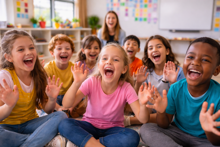 Niños participando en una actividad de risa en un entorno escolar con actitud alegre y participativa.