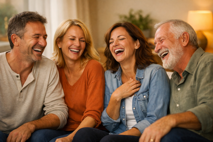 Grupo de adultos riendo juntos en un ambiente relajado, representando cómo recuperar la risa en la vida adulta mediante el Yoga de la Risa.