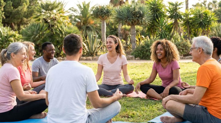 Grupo de personas practicando Yoga de la Risa en una sesión guiada de bienestar.